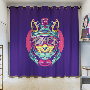 定制长帘粗麻招财猫动漫酒店客厅挂钩寝室全遮光卧室打孔加厚窗帘
