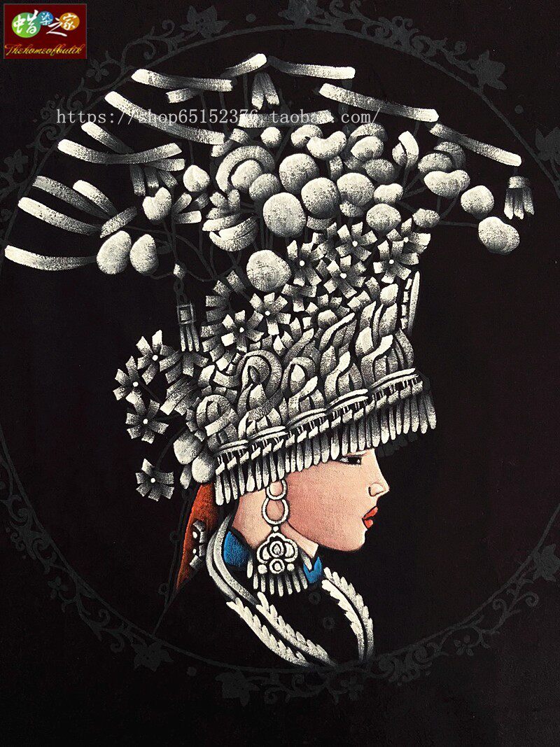 精品蜡染画 手绘重彩+蜡染装饰壁挂 装修装饰 装框画 盛装58*49CM
