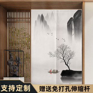 中式山水门帘卧室布艺家用隔断帘挂帘半帘免打孔布帘装饰遮挡帘