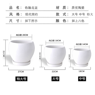 创意陶瓷花盆大号北欧简约带托盘圆形家用客厅多肉绿萝兰花盆红色