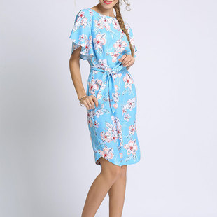 欧美新款黑色花印雪纺连衣裙喇叭短袖夏季a字直筒大码胖mm女薄款