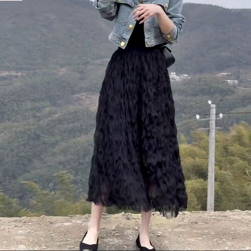 褶皱泡泡网纱半身裙女2024夏季新款a字大摆波浪纱裙中长款百褶裙