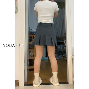 灰色西装百褶短裙女夏季高腰大码胖mm显瘦小个子遮肚子a字半身裙