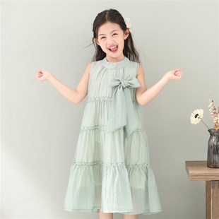 儿童蝴蝶结系带压皱雪纺韩版 女童连衣裙2024夏季 甜美挂脖连衣裙