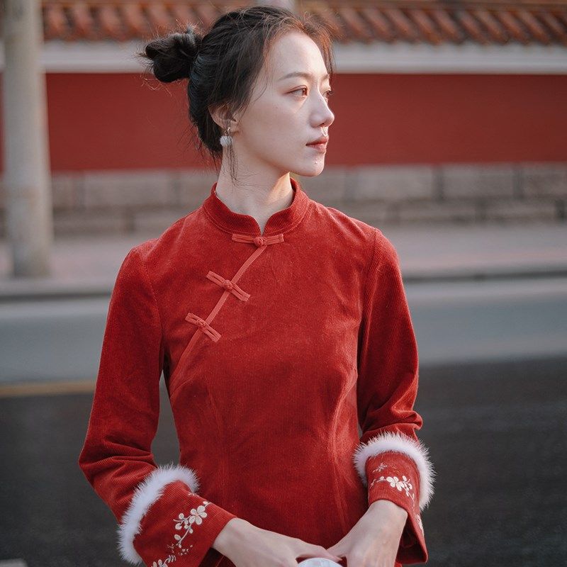 微笑向暖 秋冬国风改良红色旗袍连衣裙女圣诞新年敬酒服旗袍套装