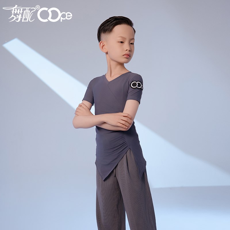 拉丁舞服男童oope舞配舞服拉丁舞服练功服训练服灰色短袖新款套装