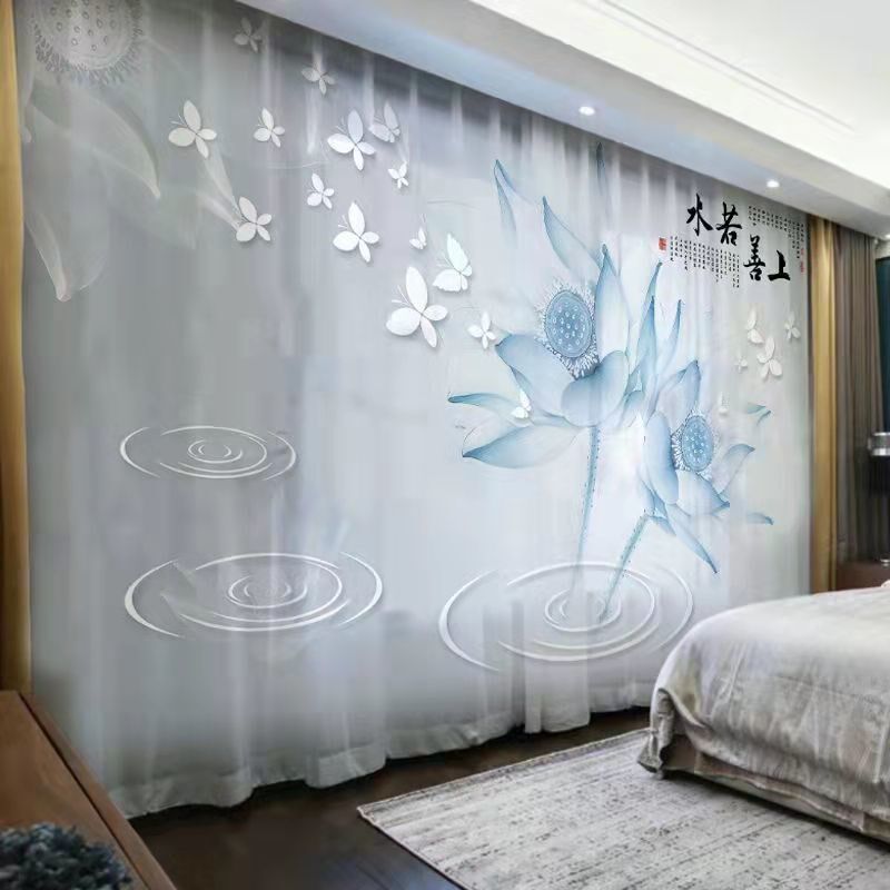 新中式禅意荷花窗帘遮光2024新款中国风古典莲花佛系客厅隔断纱帘