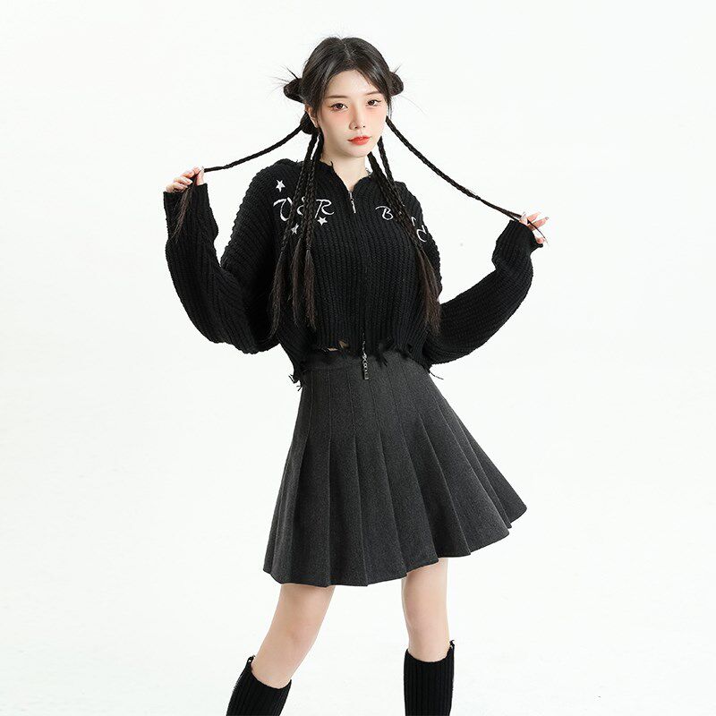 KRO灰色高腰防走光百褶半身裙女2023新款显瘦学院风西装A字短裙