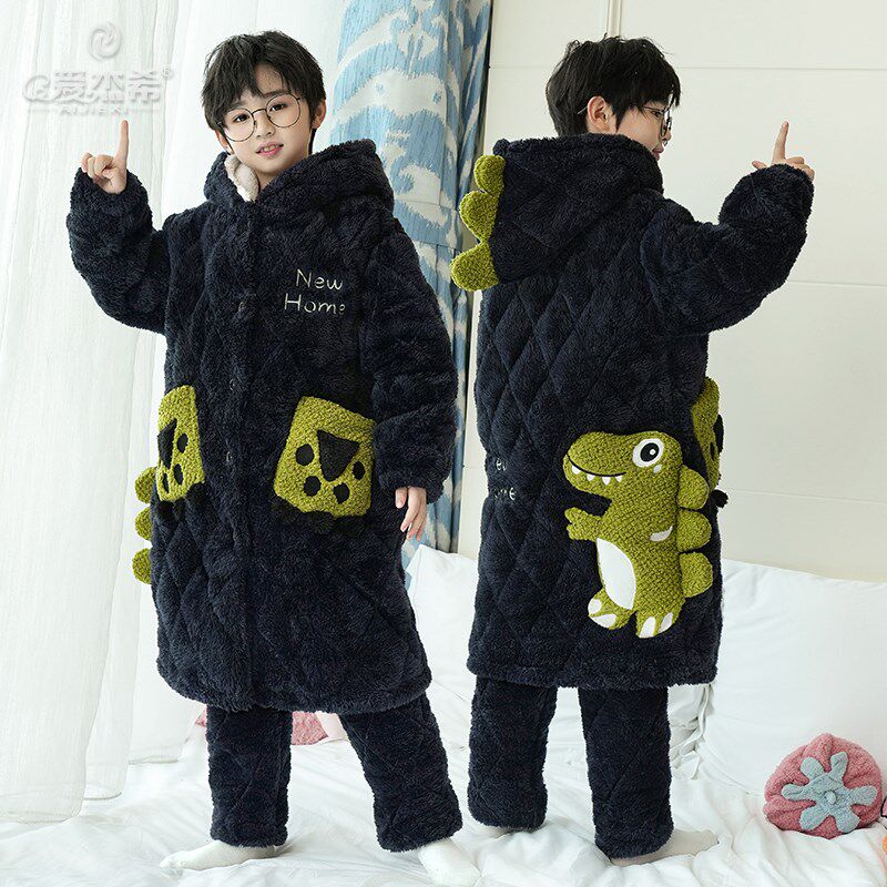 男童睡袍儿童睡衣珊瑚绒秋冬季三层夹棉加厚法兰绒男孩家居服浴袍