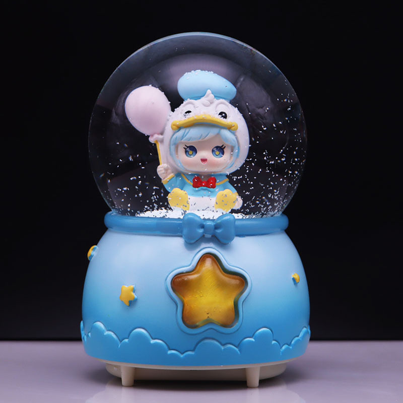 创意卡通风车萌鸭彩灯飘雪花旋转玻璃水晶球音乐盒儿童女生日礼品