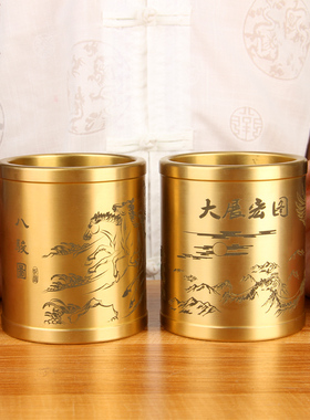 大号铜实心笔筒摆件配实木底座办公桌摆件