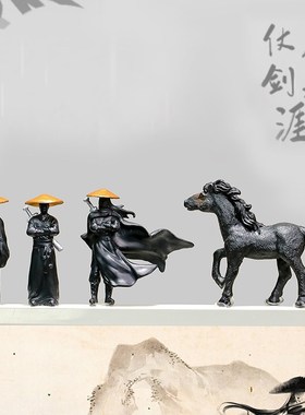 武侠三剑客电脑显示器装饰品办公室桌面工位解压汽车中控台小摆件