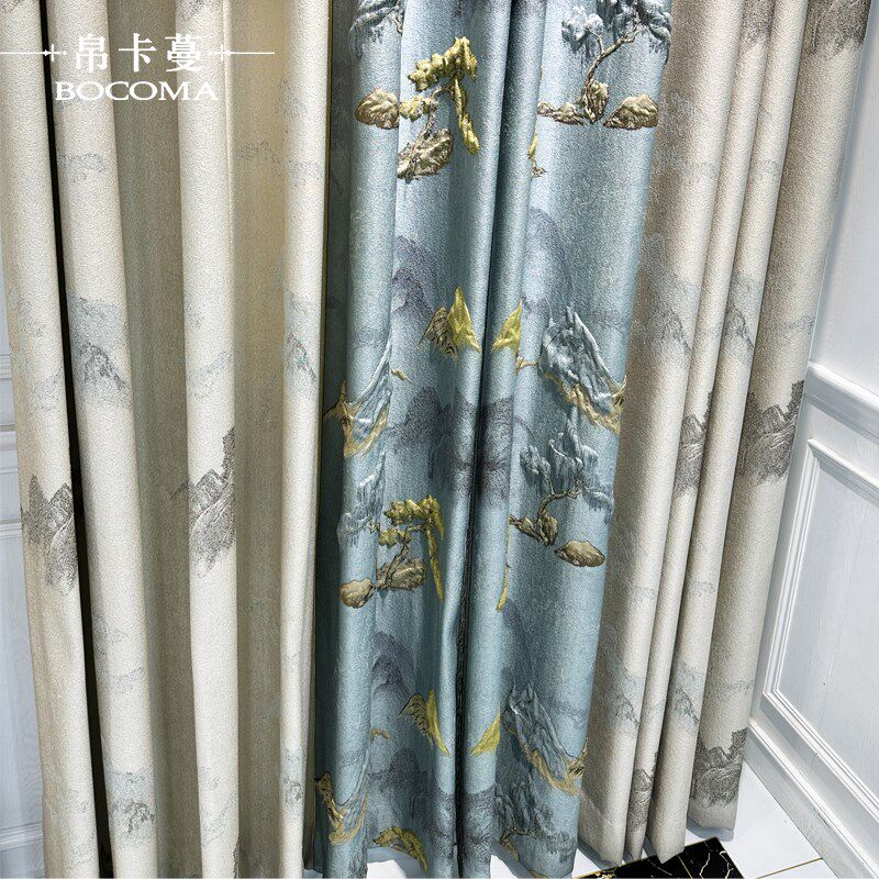 高档别墅奢华中式复古山水客厅卧室提花浮雕窗帘绣花窗纱成品定制