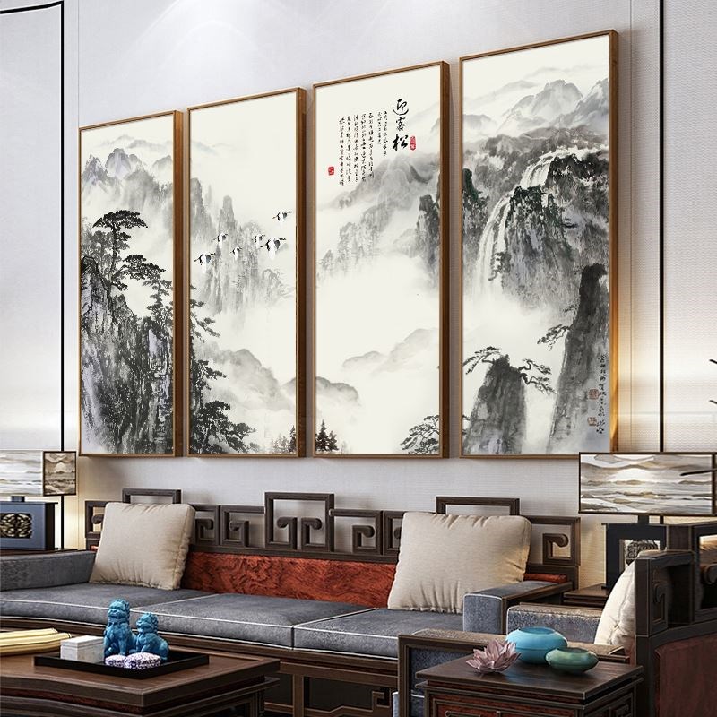 新中式客厅装饰画四联山水画茶室书房沙发背景墙办公流水生财挂画