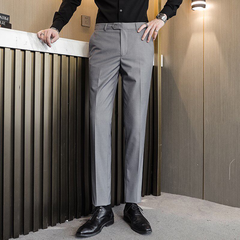 春季裤子男士西装裤商务百搭免烫小裤脚休闲裤卡其色职业正装长裤