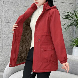 2024冬新款中老年妈妈装连帽外套女中长款加绒加厚小个子风衣棉服