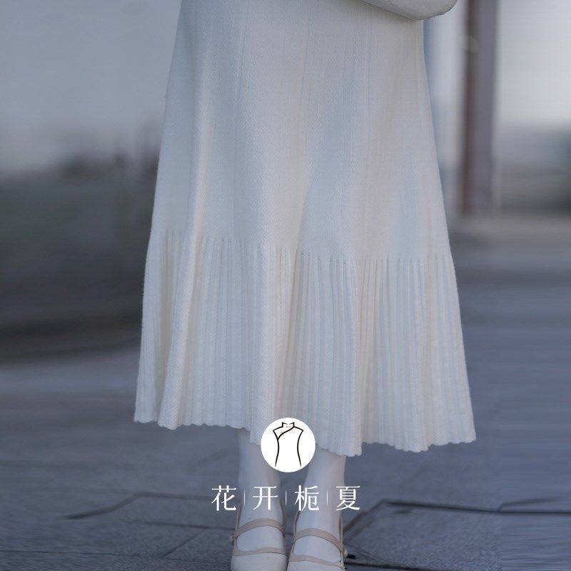 花开栀夏 白色中长款针织半身裙秋冬款高腰A字裙配旗袍内搭打底