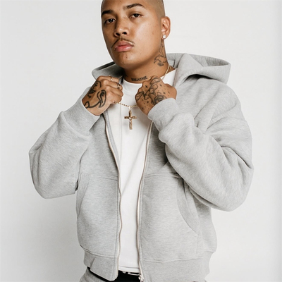 舒适连帽开衫双拉链加绒卫衣黑灰