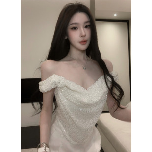 高级感纯欲碎雪纹理一字肩荡领短款 法式 上衣 白桃雾语 YOUENBB