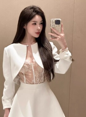 YOUENBB 白色圆领西装高级气质套装小香风长袖高腰外套半裙设计感