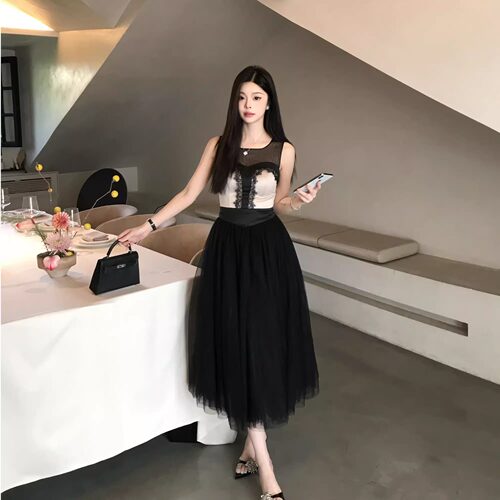 YOUENBB【黑天鹅晚宴】法式复古黑色无袖连衣裙百搭设计重工性感