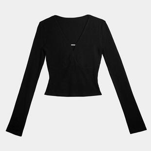YOUENBB【克拉恋人】设计感黑色V领新款长袖针织打底上衣修身时尚