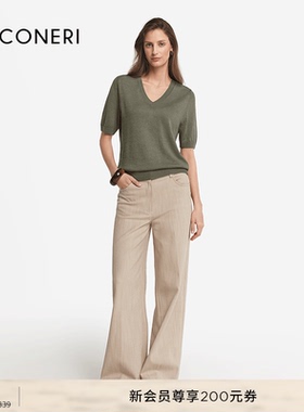 【季末折扣】FALCONERI意式女士亚麻V领修身罗纹短袖T恤DMM501A