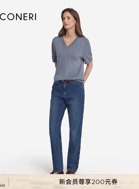 【季末折扣】FALCONERI女士时尚休闲罗纹V领纯棉短袖T恤DMM490F