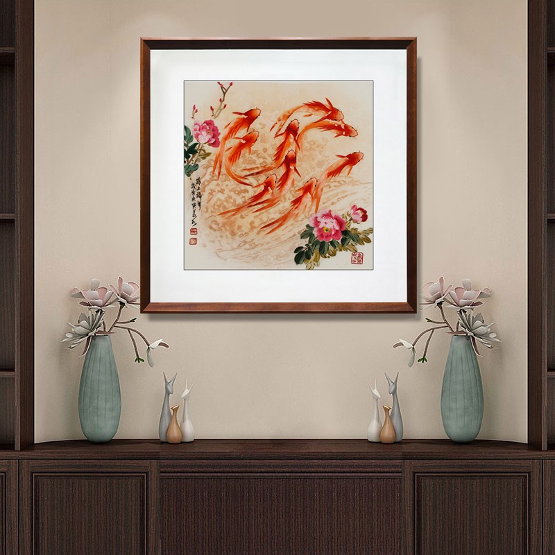 高端新中式手工刺绣装饰画餐厅墙壁画电表箱装饰遮挡苏绣成品挂画图片