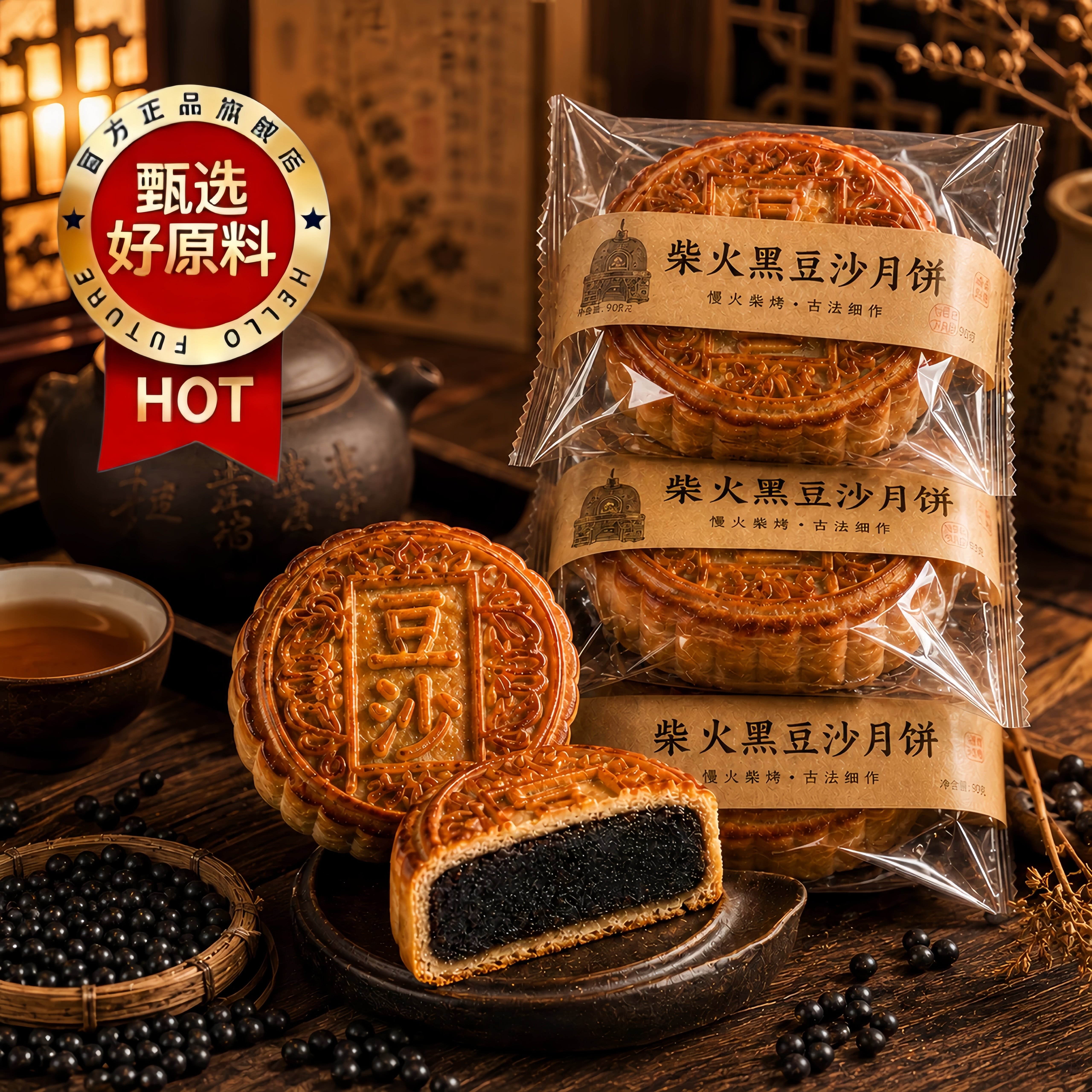 老式柴火黑豆沙月饼传统老式纯手工红豆沙月饼中秋节糕点零食小吃