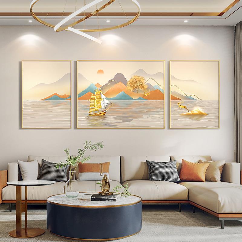 直销新款现代轻奢客厅装饰画橙色沙发背景墙挂画大气三联壁画山水