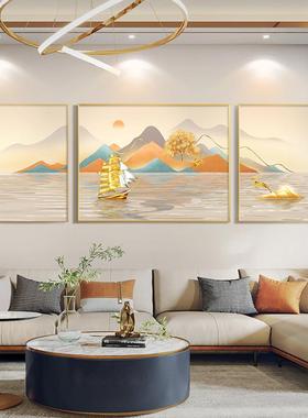 直销新款现代轻奢客厅装饰画橙色沙发背景墙挂画大气三联壁画山水
