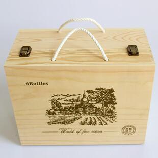 直销新款曹县六支红酒木盒酒盒松木制红酒盒酒类包装红酒包装