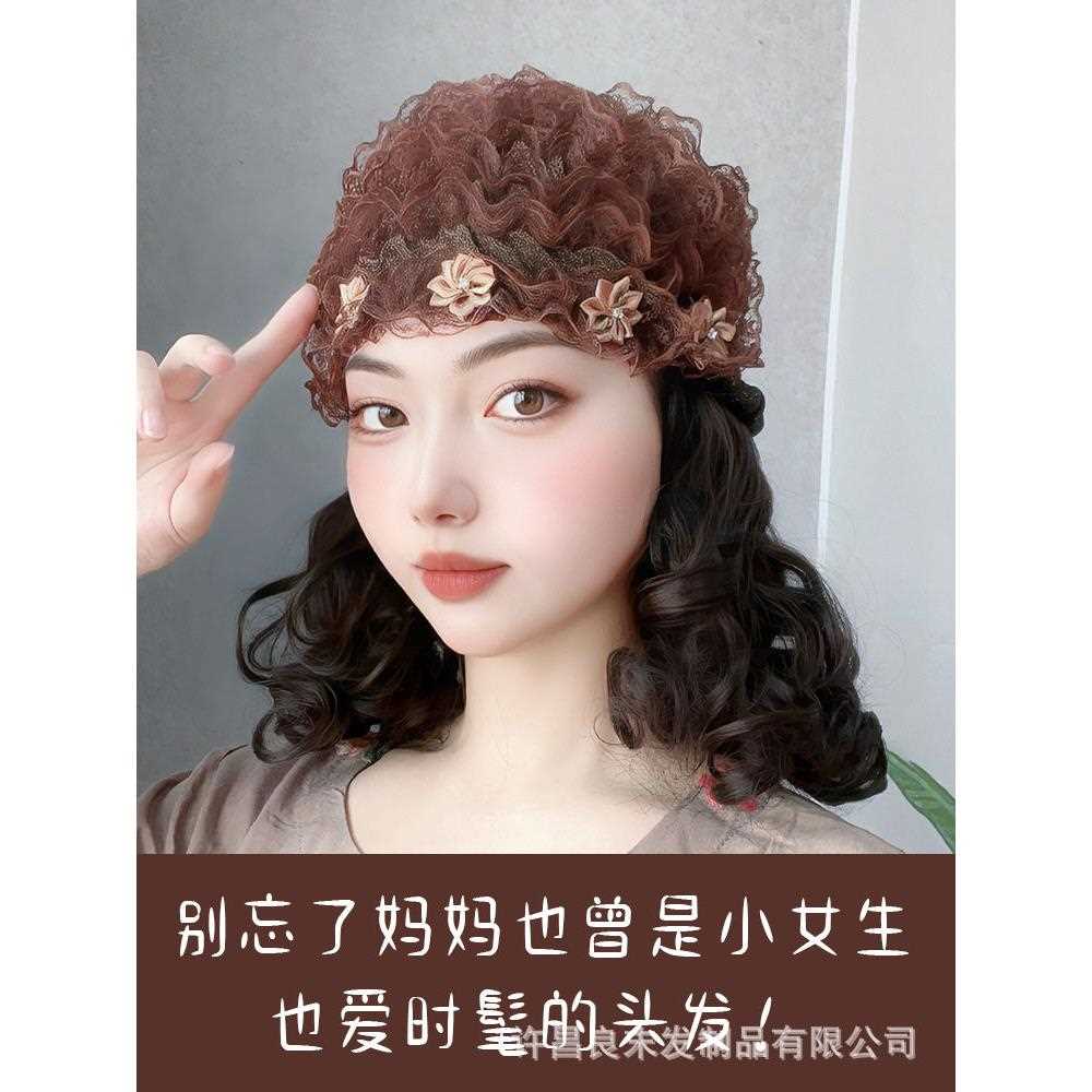 新款直销帽子假发一体女时尚春夏款花朵蕾丝帽遮白发妈妈包头短卷