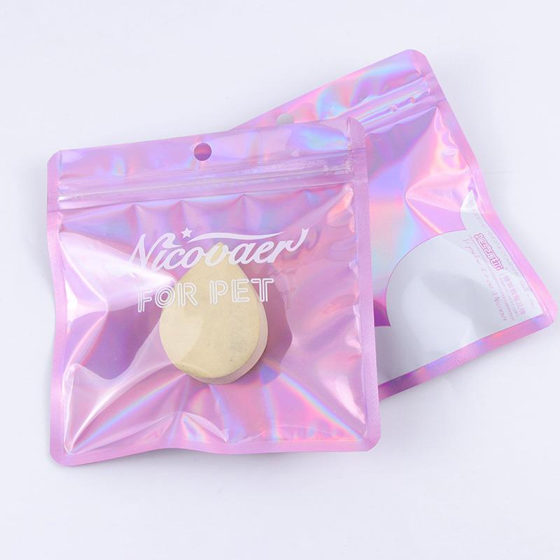 新款直销一面透明镭射自封袋挂孔密封塑料包装美甲粉扑自封口阴阳