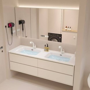 定制奶油风浴室柜组合双盆陶瓷一体台面洗漱台洗脸盆柜现代简约