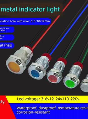LED小型金属指示灯带线电源信号灯红黄白绿蓝色开孔6/8/10/12mm