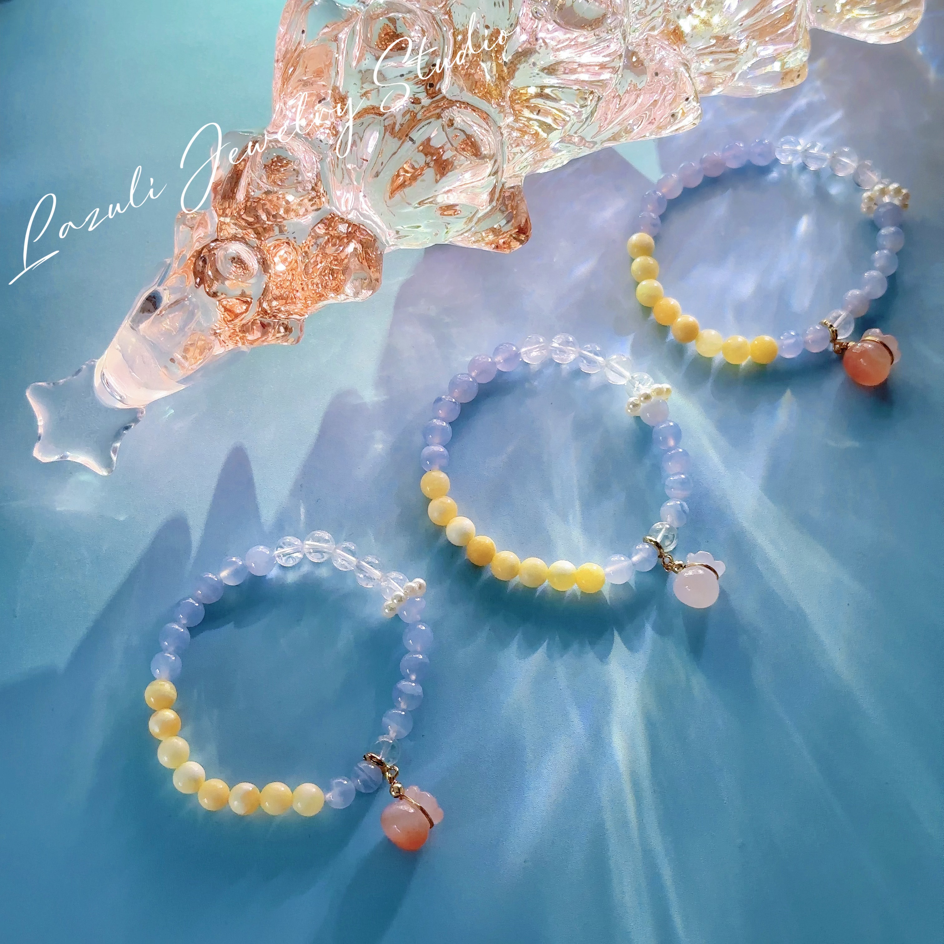 Lazuli【三宝纳福】天然米黄玉蓝纹玛瑙手环女款手串礼物手链