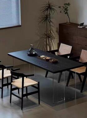 碳化黑色实木餐桌会客接待长桌工作台创意茶桌亚克力悬浮桌椅组合