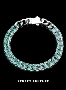 天然A货翡翠冰种蓝水古巴链手链玉石钛钢嘻哈风格个性女潮流手饰