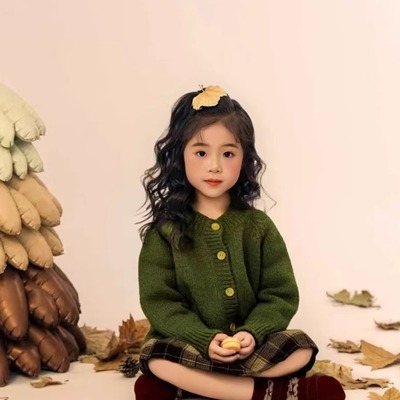 男女童儿童摄影服装墨绿色艺术气质针织毛衣开衫外套设计感上衣潮