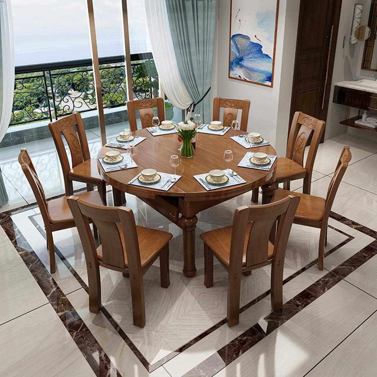 直销新款全实木餐桌椅组合中式小户型客厅两用可伸缩圆桌饭桌桌子