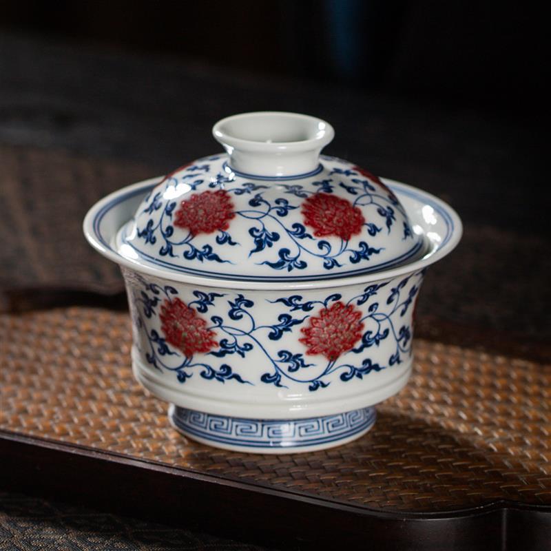 翰林手工青花釉里红缠枝莲马蹄盖碗 景德镇陶瓷功夫茶具泡茶盖杯
