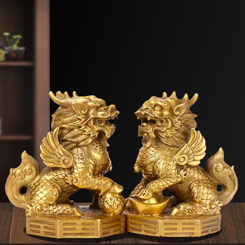 纯铜八卦麒麟摆件一对招财纳福风水神兽家居办公店铺送礼装饰摆放