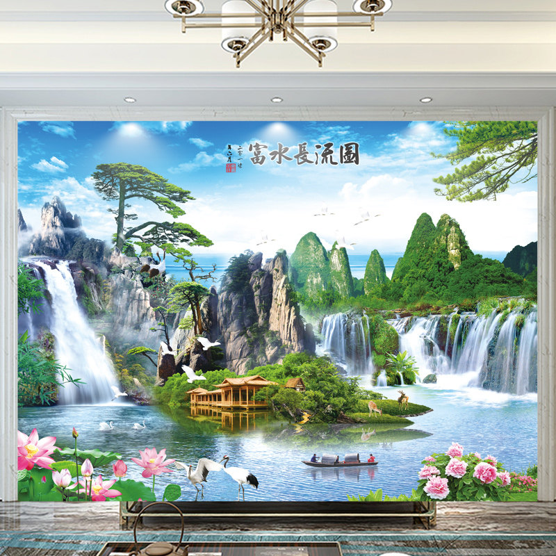 山水画墙贴背景墙壁画墙布墙画3d立体贴画墙纸自粘客厅壁纸装饰画