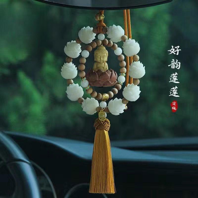 桃木莲花佛汽车挂件好运连连车内平安装饰一路平安车挂件佛吊坠