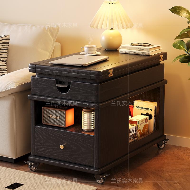中古风实木升降茶几家用客厅边柜可移动茶台折叠沙发边几餐桌两用