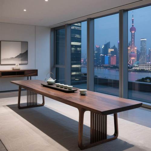 新中式茶桌椅组合休闲民宿实木会议桌办公室茶台黑胡桃白蜡木茶桌