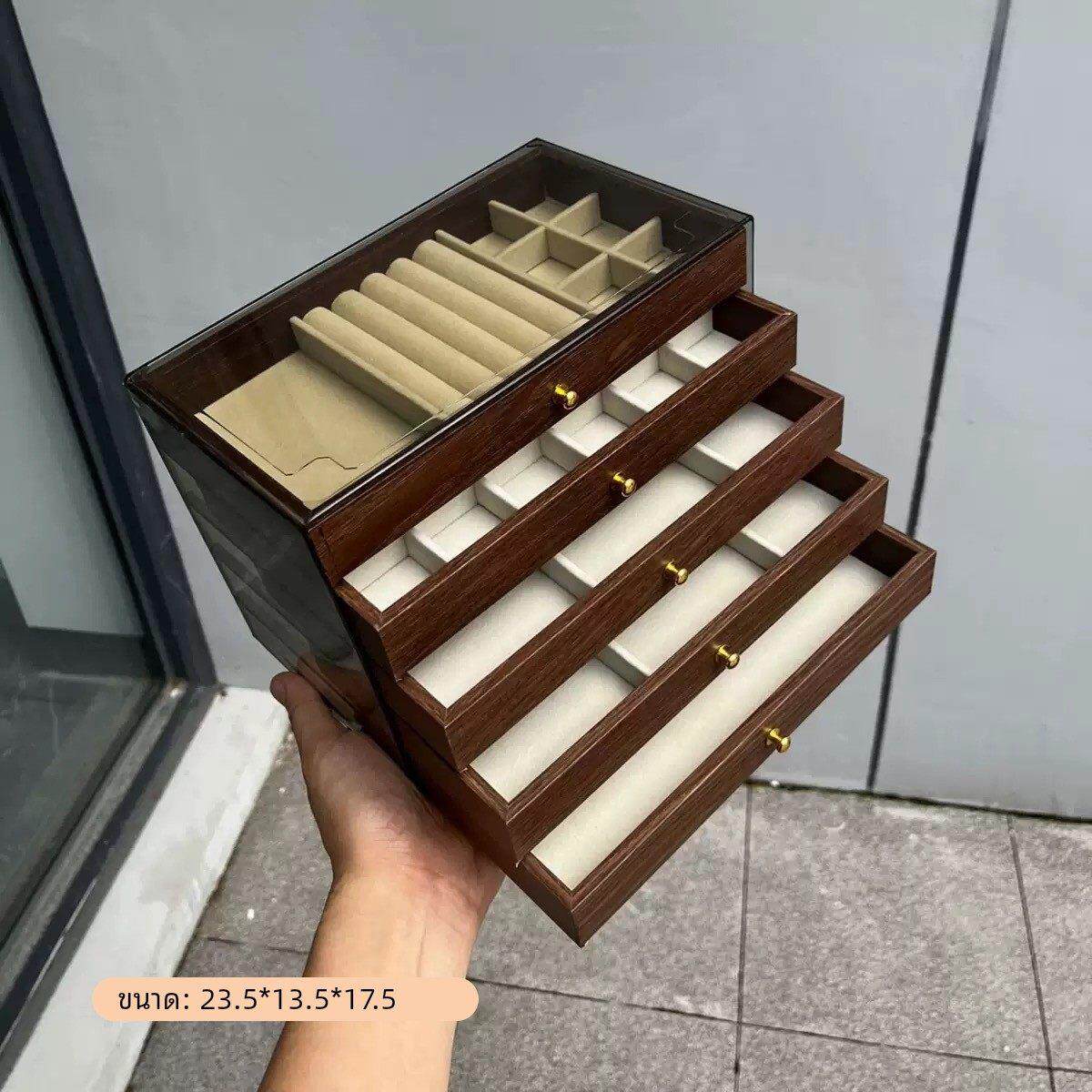 多层高档胡桃木纹五层项炼手炼戒指耳钉耳环饰品收纳木质首饰盒