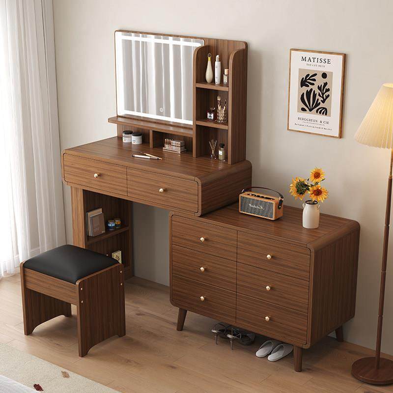 新中式实木化妆台现代卧室简约2025新款化妆桌灯镜子书桌斗柜一体